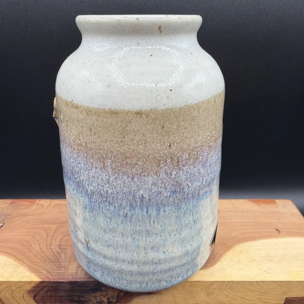 VTG Neher Studio Pottery M&M Jar W/ Cork Lid Beige Blue Funny Gift Handmade 5.5